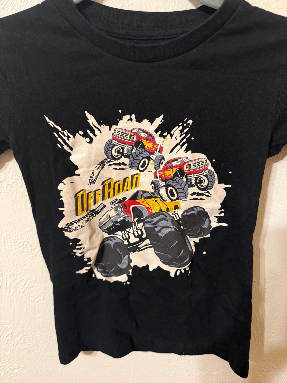 Eighty Eight Black Kids Tee with Red & Yellow Monster Trucks